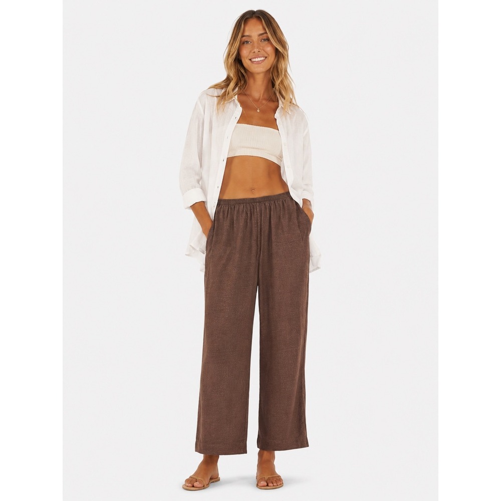 Deiji Studios Brown 100% Linen Wide Leg Relaxed Pants Minimalist S